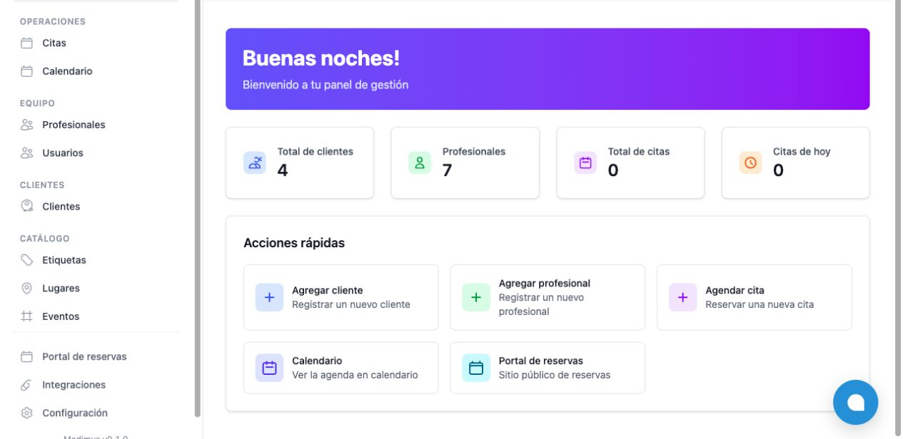 Panel administrativo de una clínica con clientes, profesionales y acciones rápidas