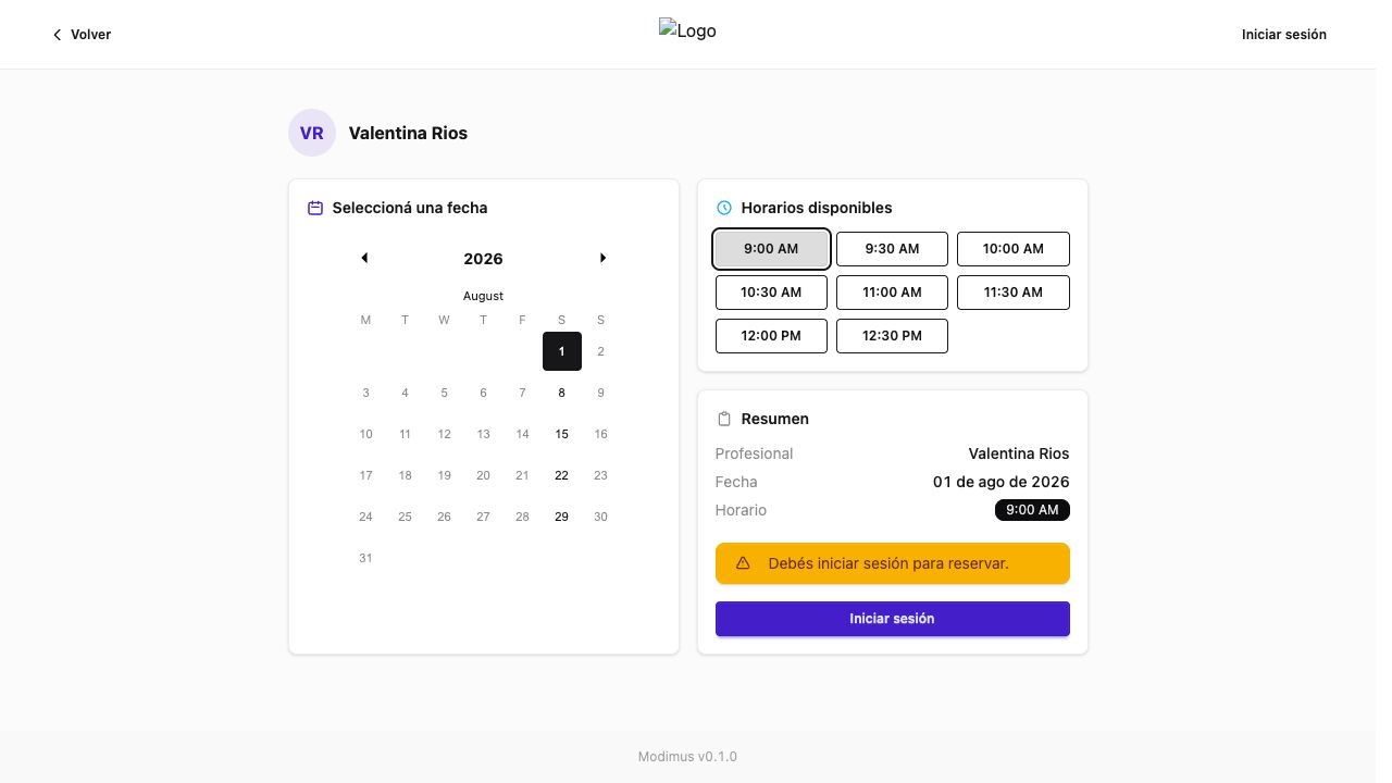 Calendario de disponibilidad y resumen de turno en el portal de reservas