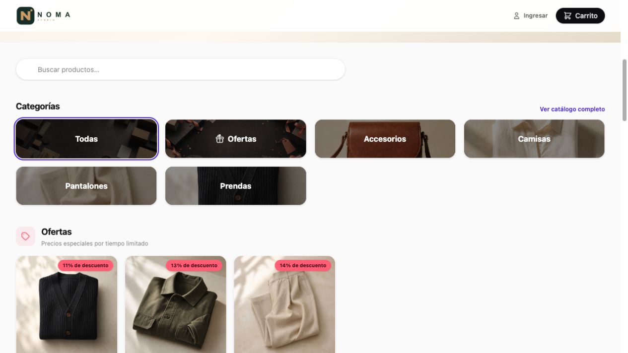 Catálogo NOMA mostrando categorías con imágenes y productos en oferta