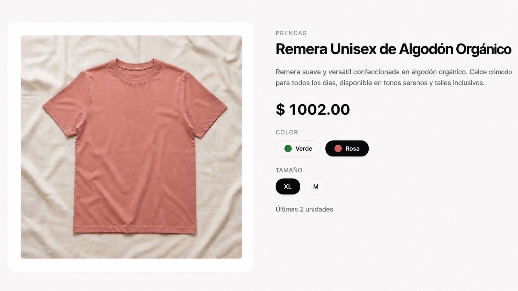 Página de producto de un catálogo online con variantes y botón de compra